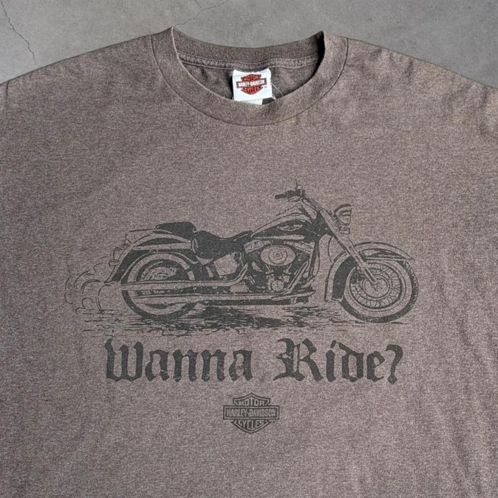 Vintage Harley Davidson Adamac Tee XL Brown "Wanna Ride?" Biker Y2K